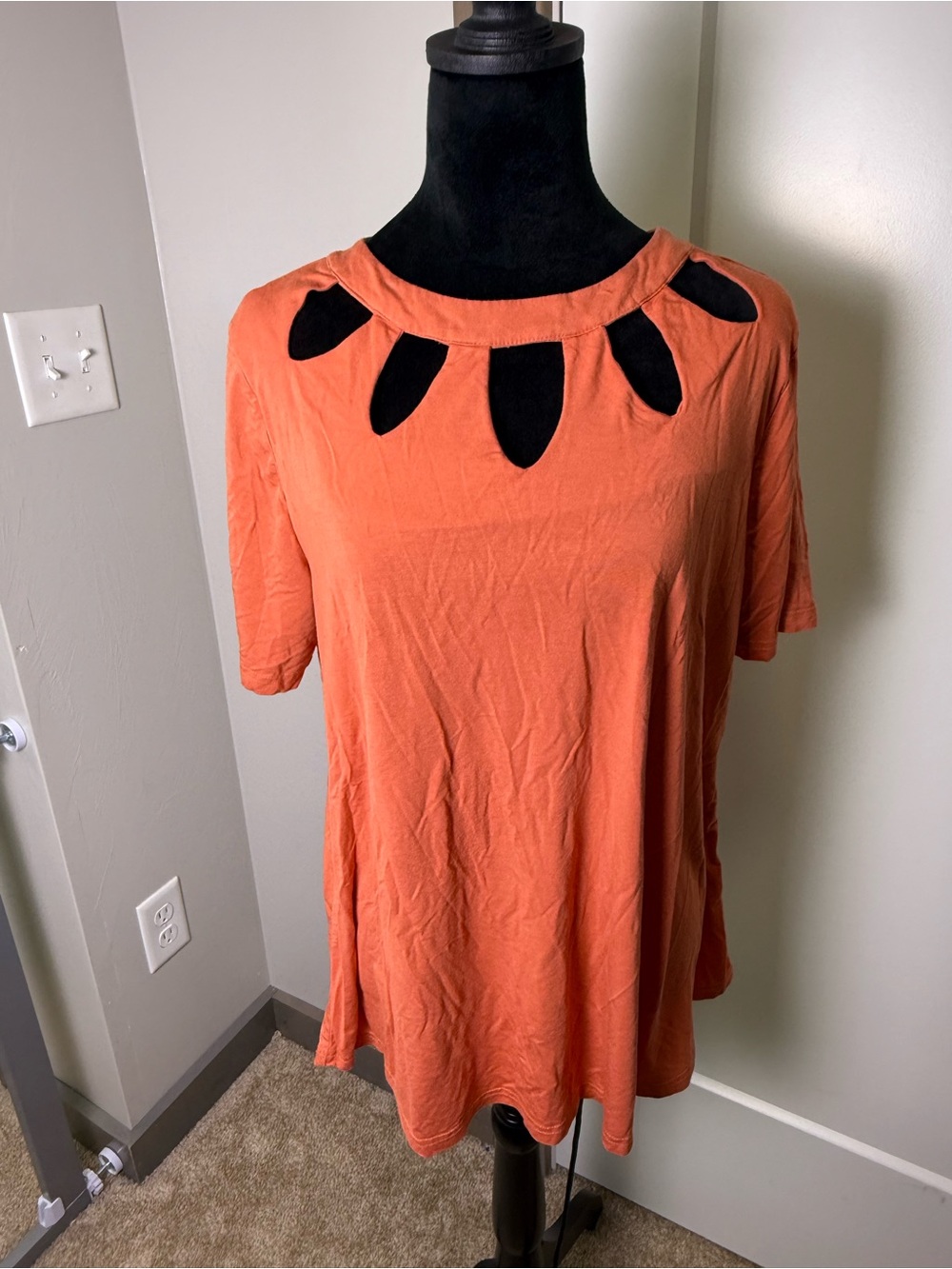 Miss‎ Me Modal Burnt Orange Coral Cutout Blouse Tunic Short Sleeve Stretch Lg